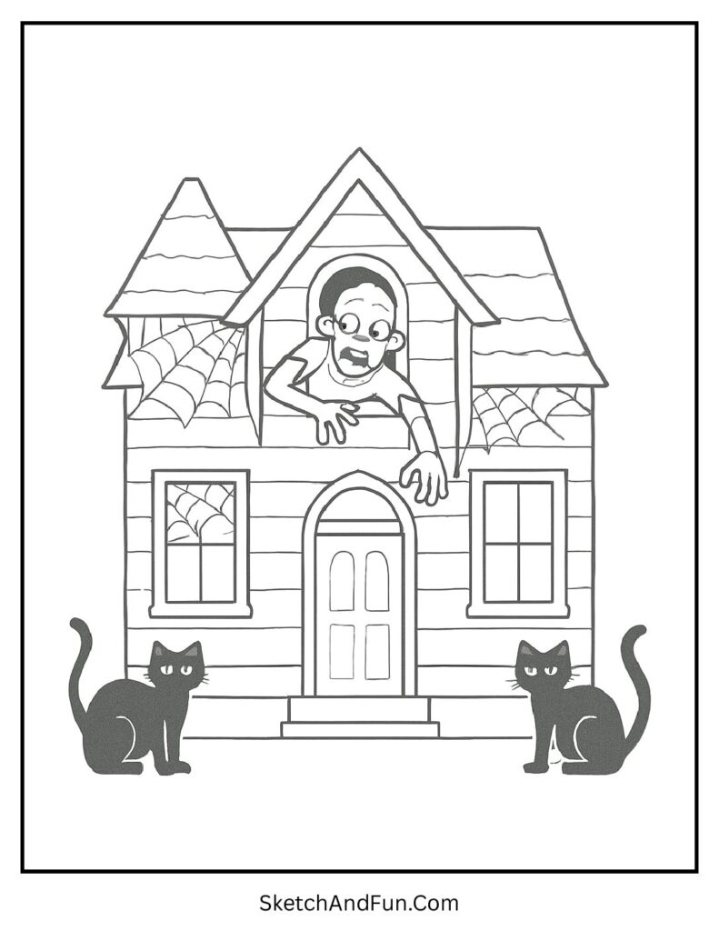 Zombie at creepy haunted house – realistic zombie coloring pages for children.