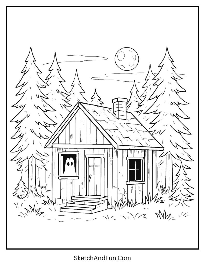 Forest cabin in haunted house coloring page with ghosts.