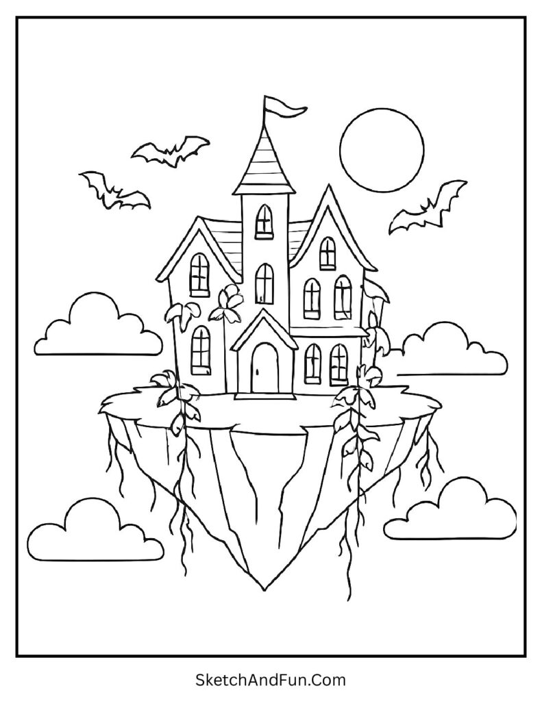 Floating island scene in haunted mansion coloring pages.