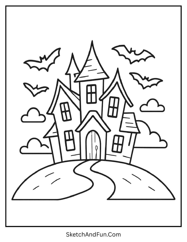 A spooky haunted house on a hill with bats – haunted house coloring pages