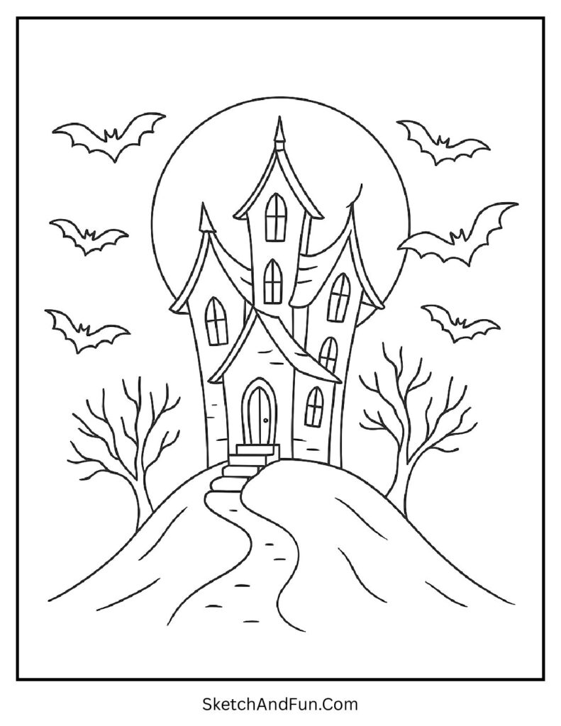 Crooked hilltop home in haunted house coloring pages printable.