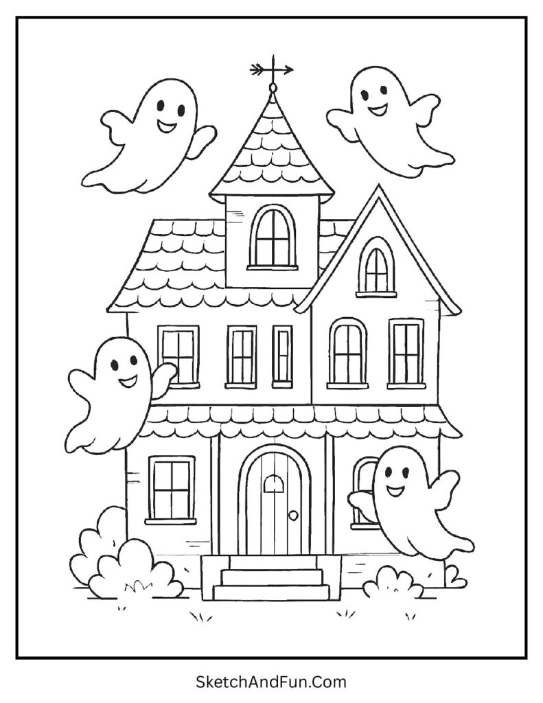 Flying ghosts in haunted house coloring page for adults.