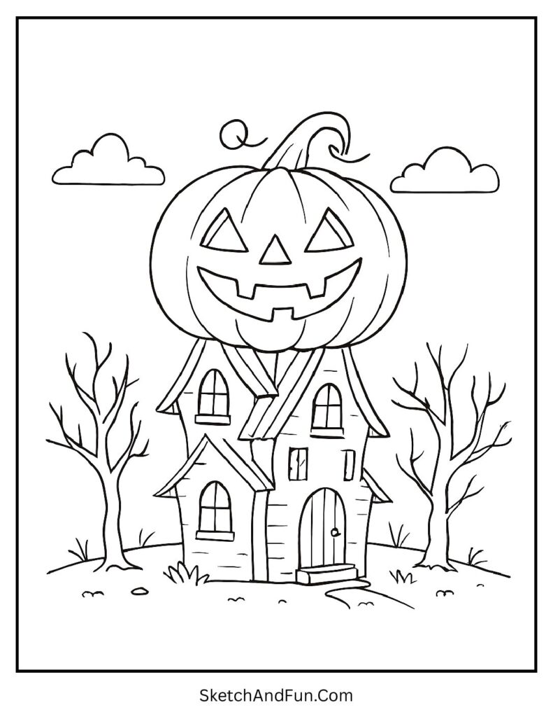 Pumpkin roof in haunted house coloring printables.