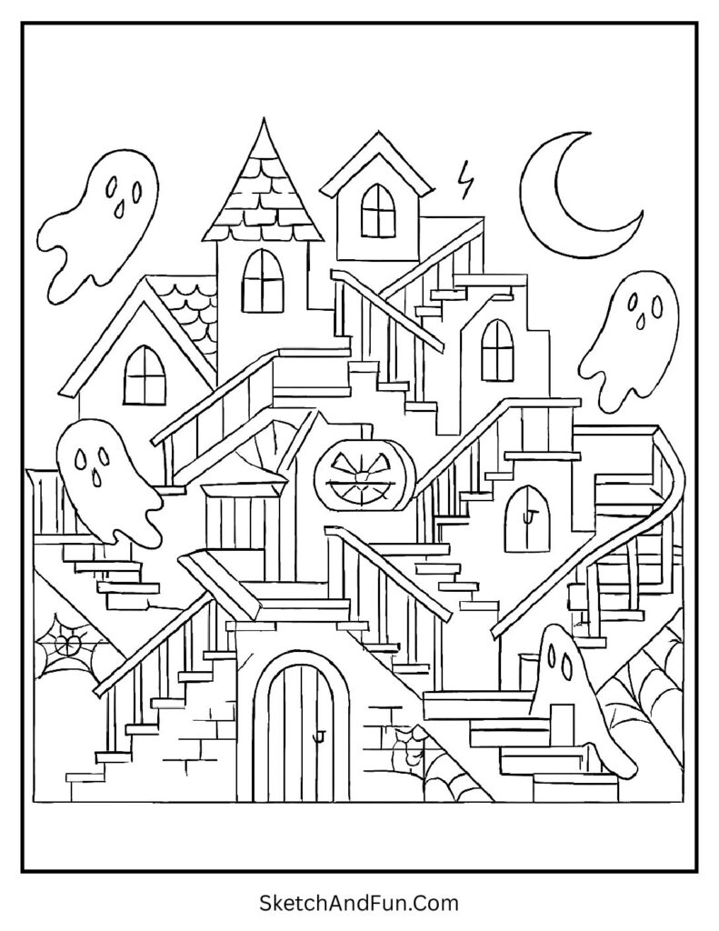 Secret stairs in cute haunted house coloring page.