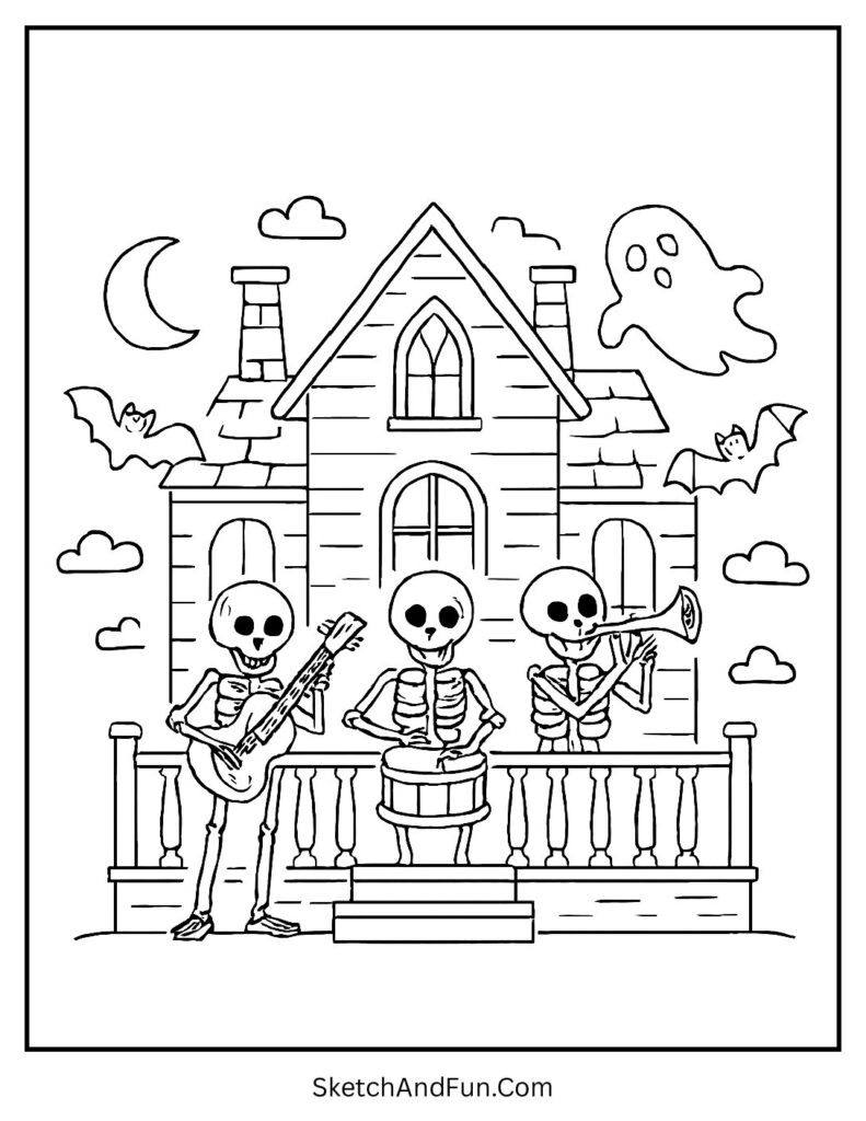 Skeleton band in haunted house coloring pages download.
