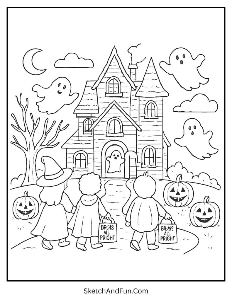 Trick-or-treaters in haunted house coloring pages simple outlines.