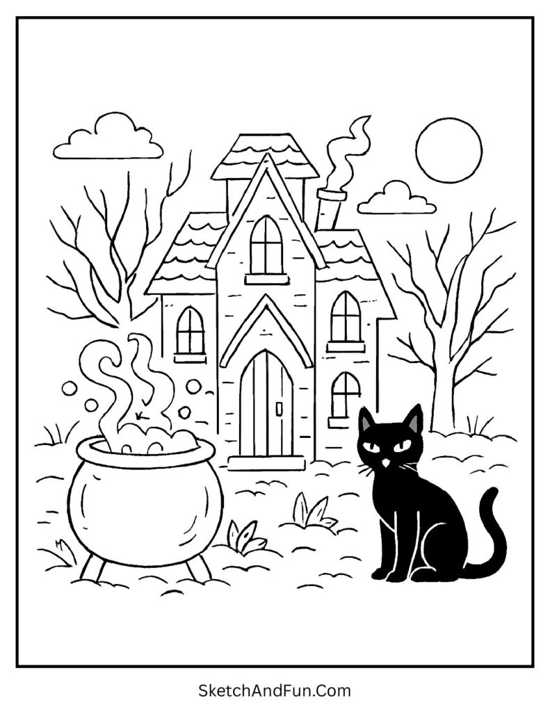 Witches’ pot in easy haunted house coloring page.
