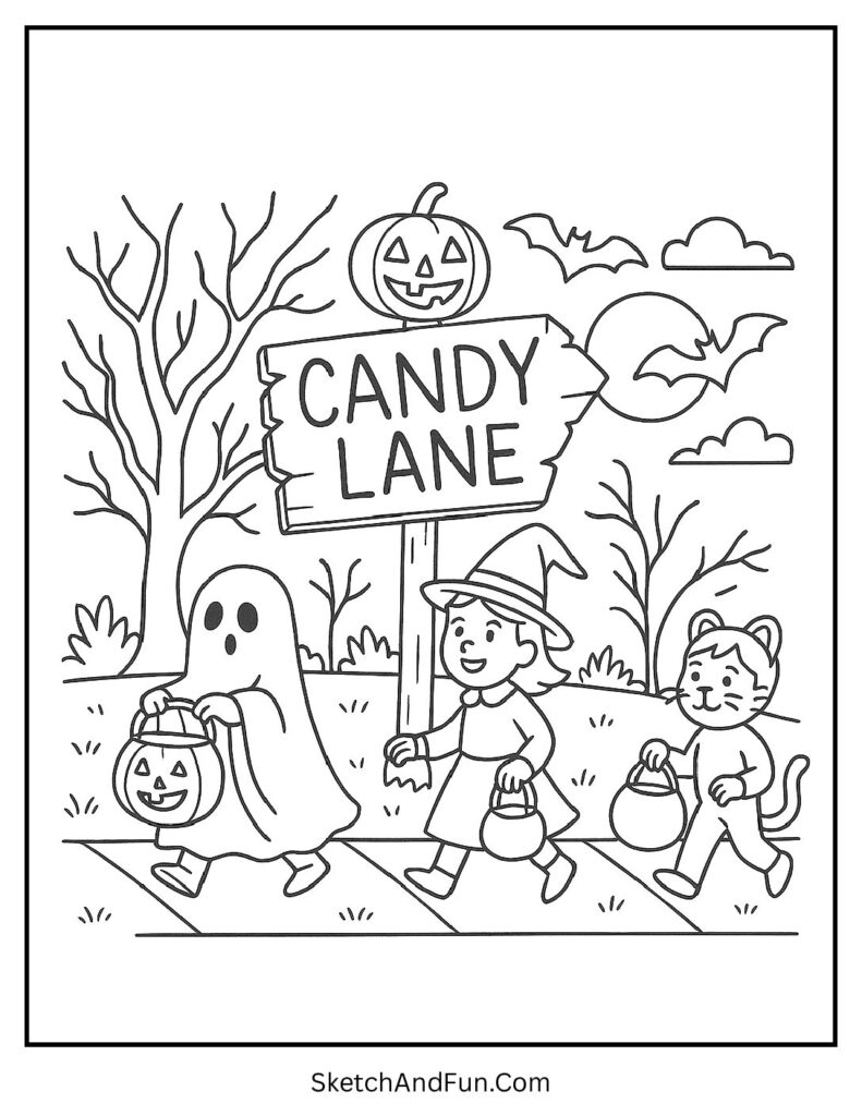 Kids on spooky street labeled Candy Lane for trick or treat coloring worksheet free.