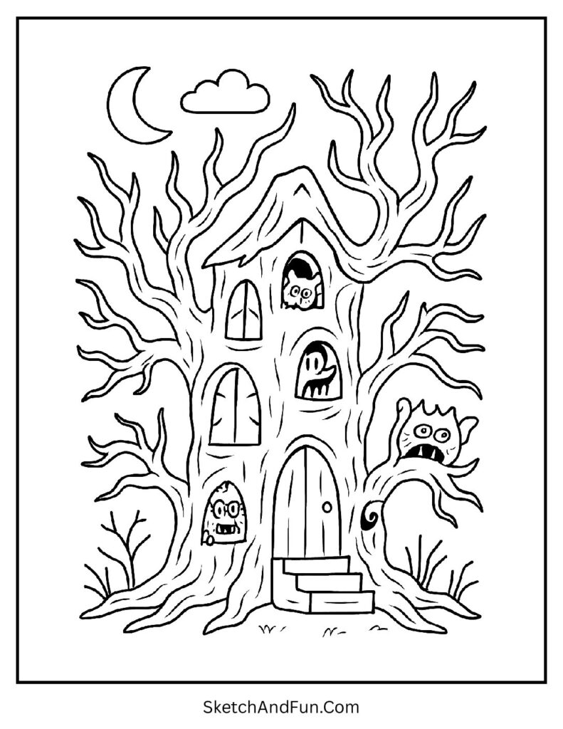 Spooky tree design in haunted house coloring pages detailed.