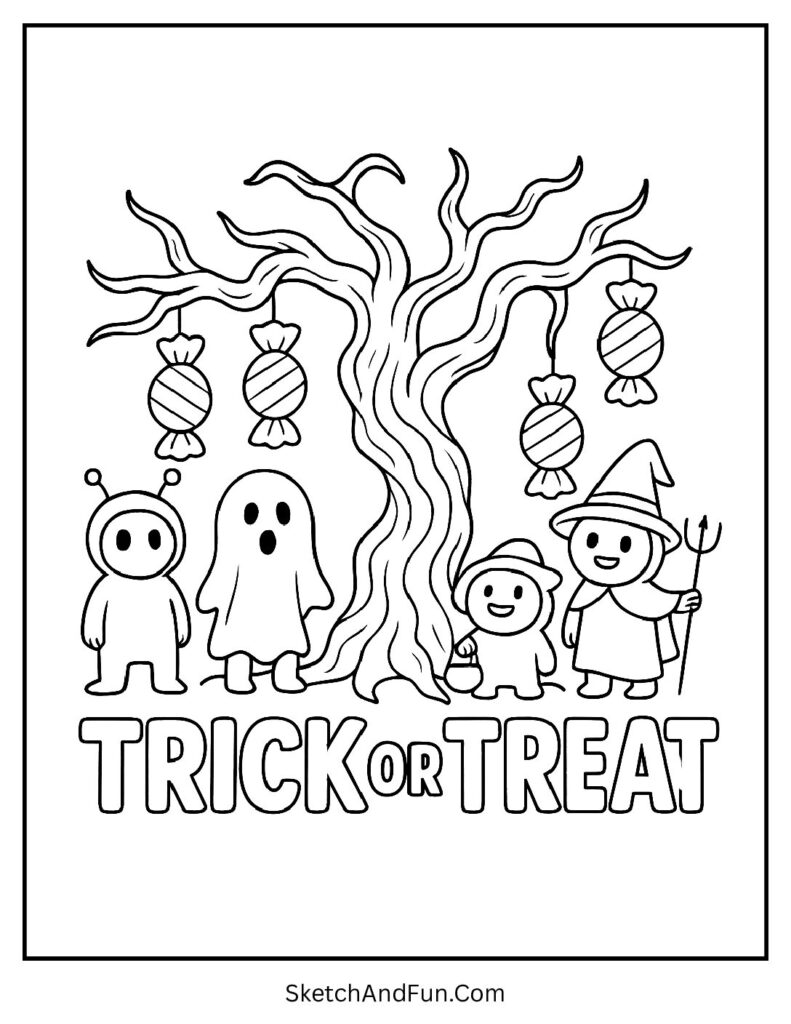 Tree with candy bags hanging like fruits for trick or treat coloring page hand drawn.