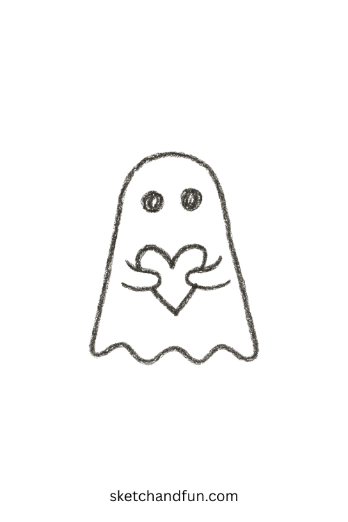 Floating ghost holding a heart, simple ghost drawing with love