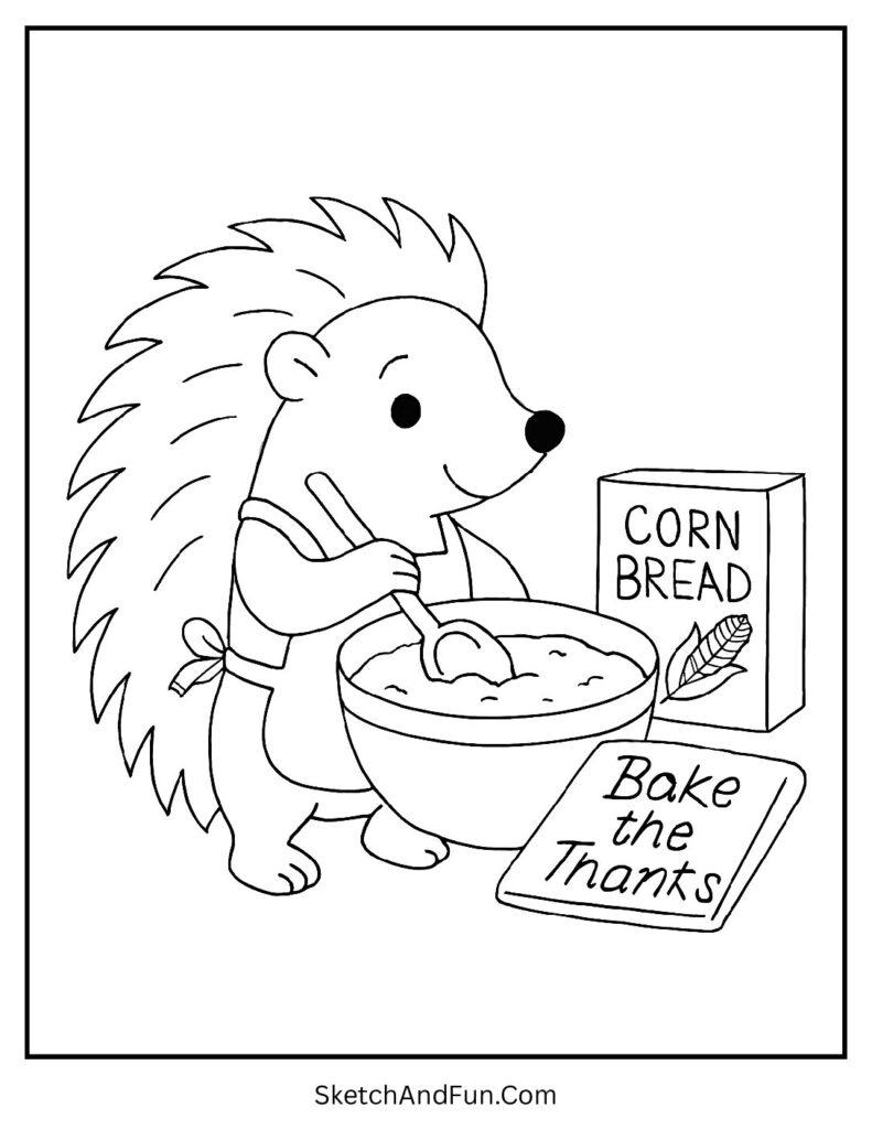 Hedgehog baking cornbread on simple Thanksgiving coloring pages kitchen scene.
