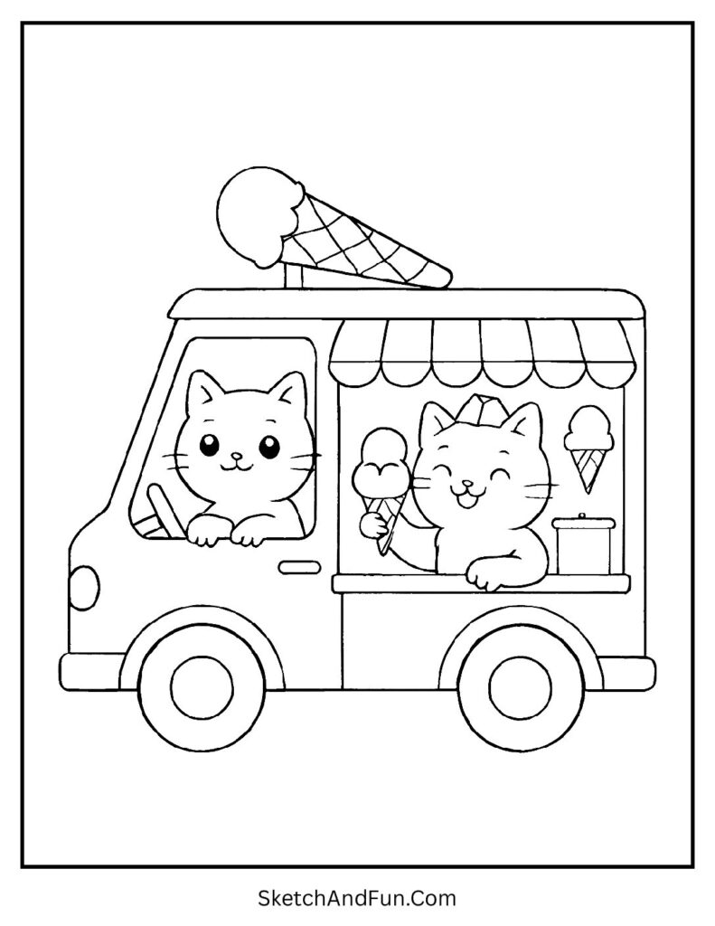 Kittens serving ice cream from truck for fun kitten face coloring pages printable.