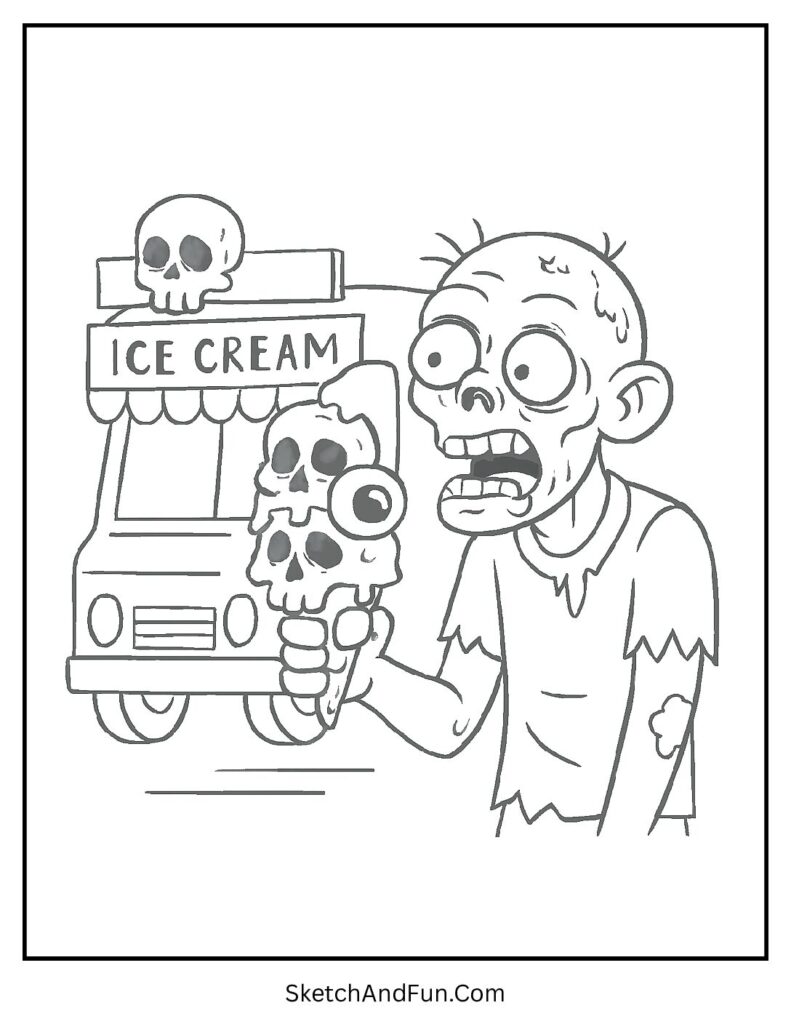Ice cream truck zombie – zombie coloring sheet free for summer fun.