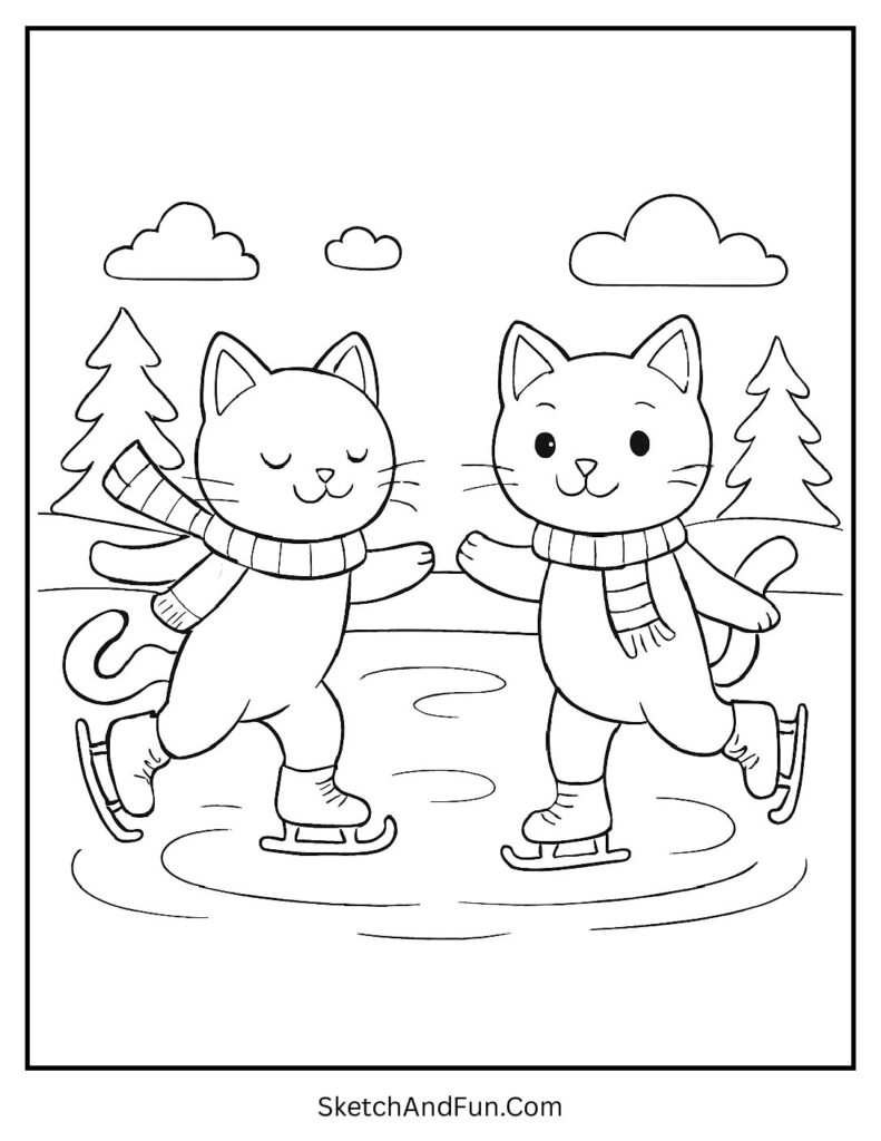 Two kittens skating with scarves for joyful Christmas kitten coloring pages winter theme.