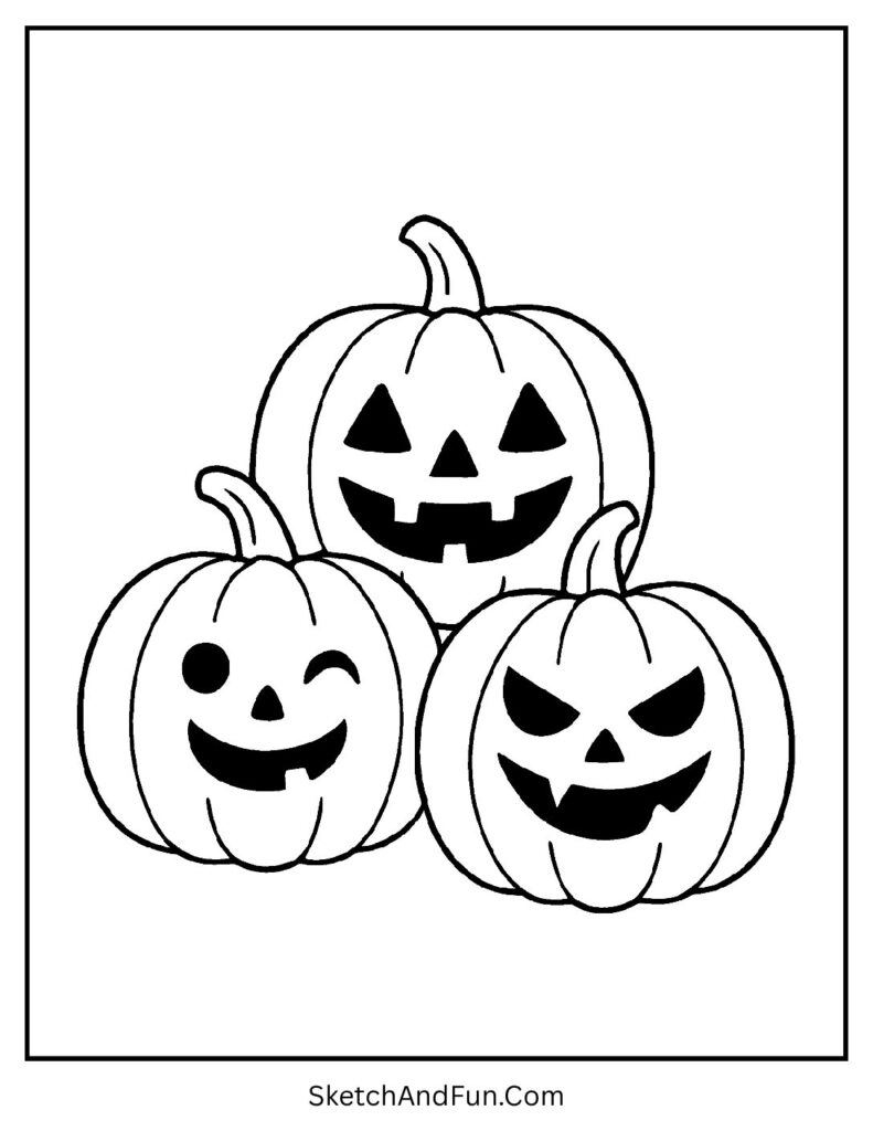 Three jack-o’-lanterns with goofy faces – Halloween coloring book pages