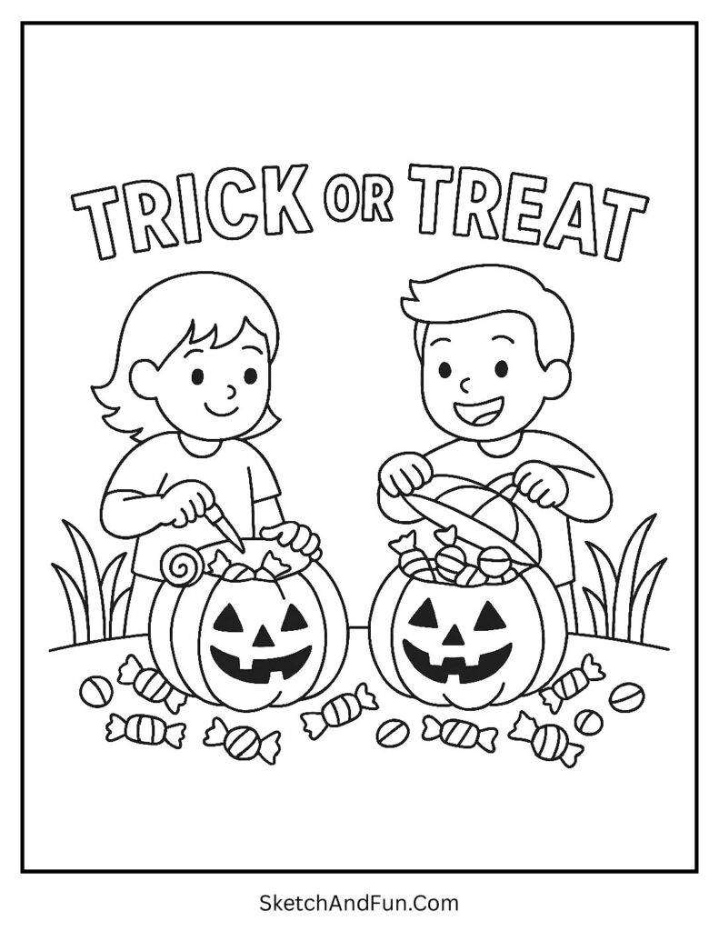 Kids carving pumpkins with sweets for trick or treat bag coloring sheet.