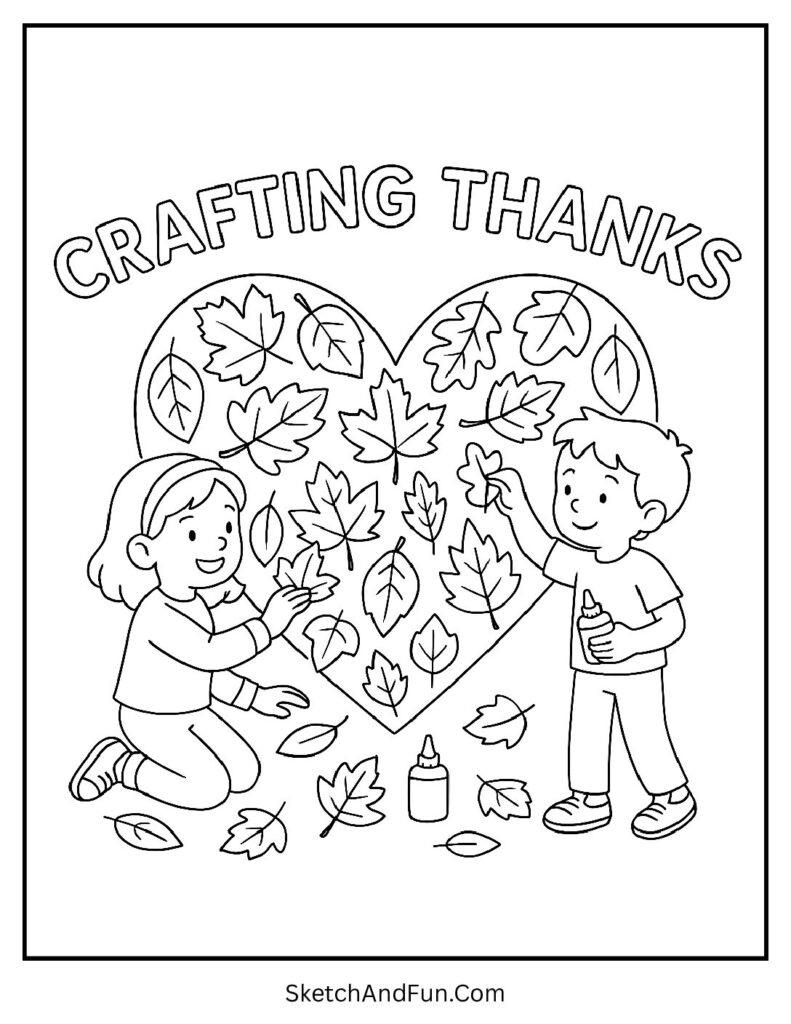 Kids making leaf heart for thanksgiving coloring matching activity.