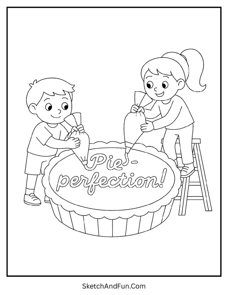 Kids decorating pie on Thanksgiving coloring pages for kids sweet activity.
