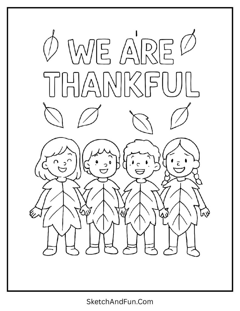 Kids in leaf costumes on Thanksgiving coloring pages cute turkey autumn mix.