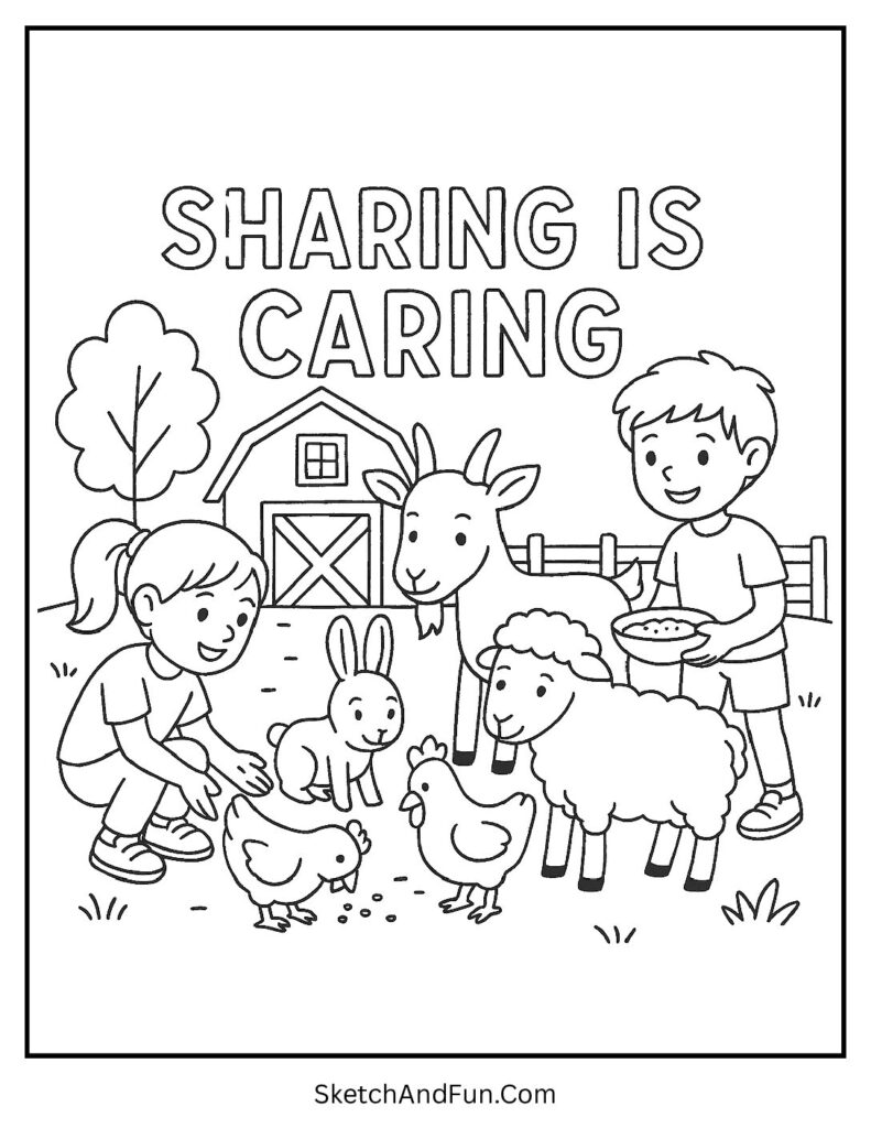 Kids feeding animals for thanksgiving coloring pages teaching.