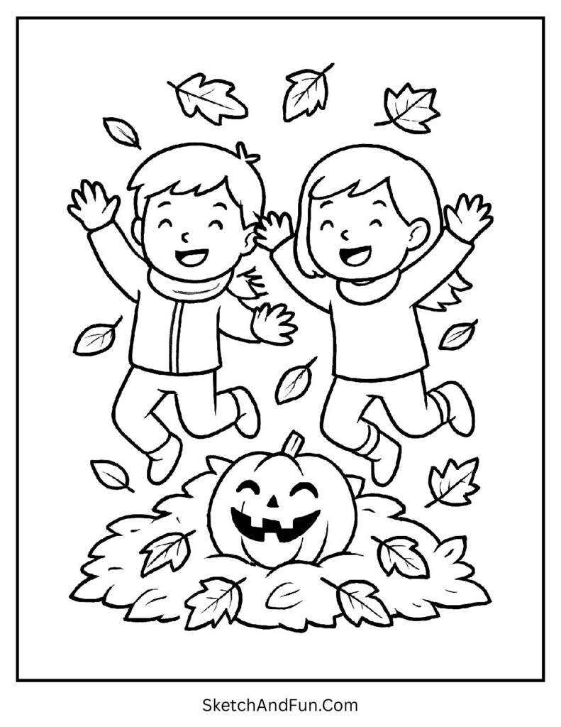 Fall coloring pages for kids with children leaping into colorful leaf piles