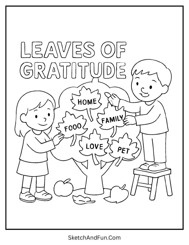 Kids hanging gratitude notes for thanksgiving coloring gratitude tree.
