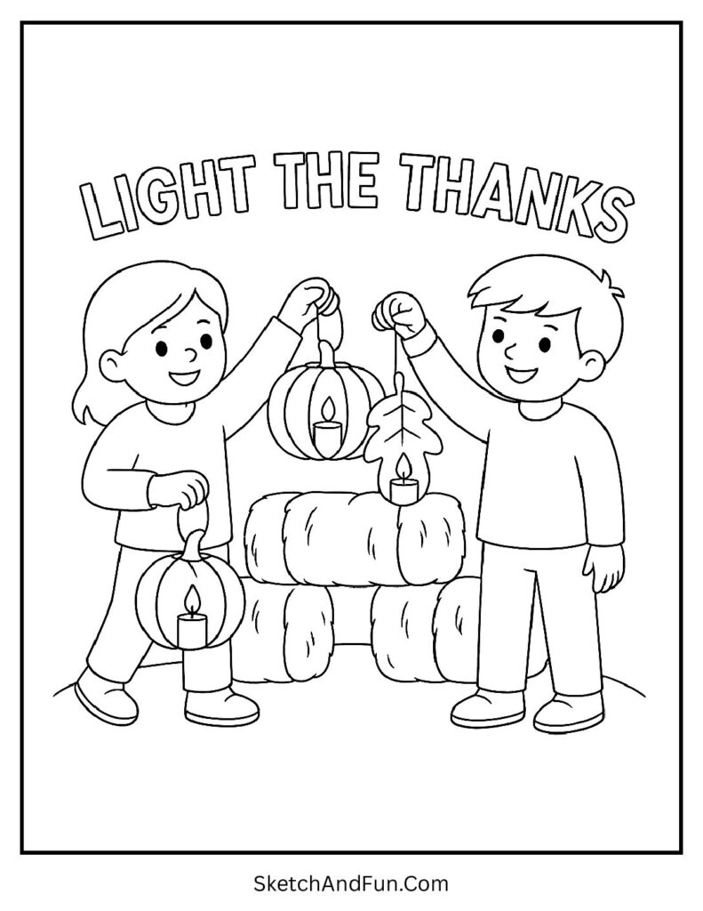Kids with pumpkin lanterns for thanksgiving coloring pages banner DIY.