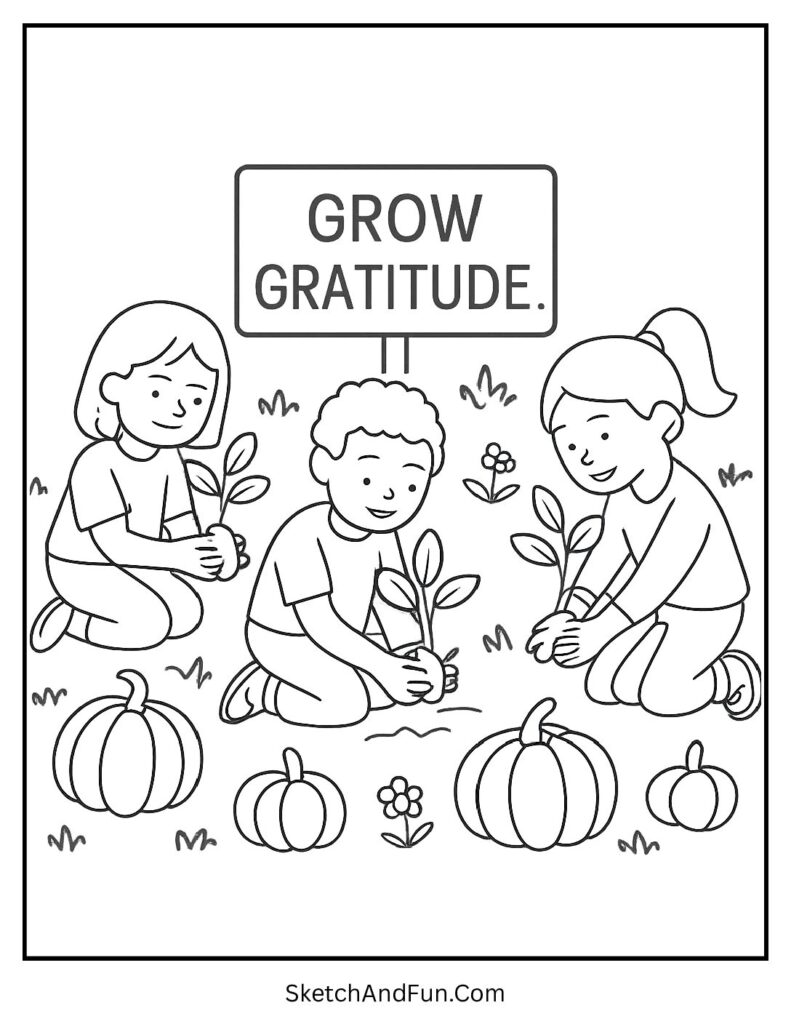 Kids planting saplings on Thanksgiving coloring pages toddlers teaching gratitude.