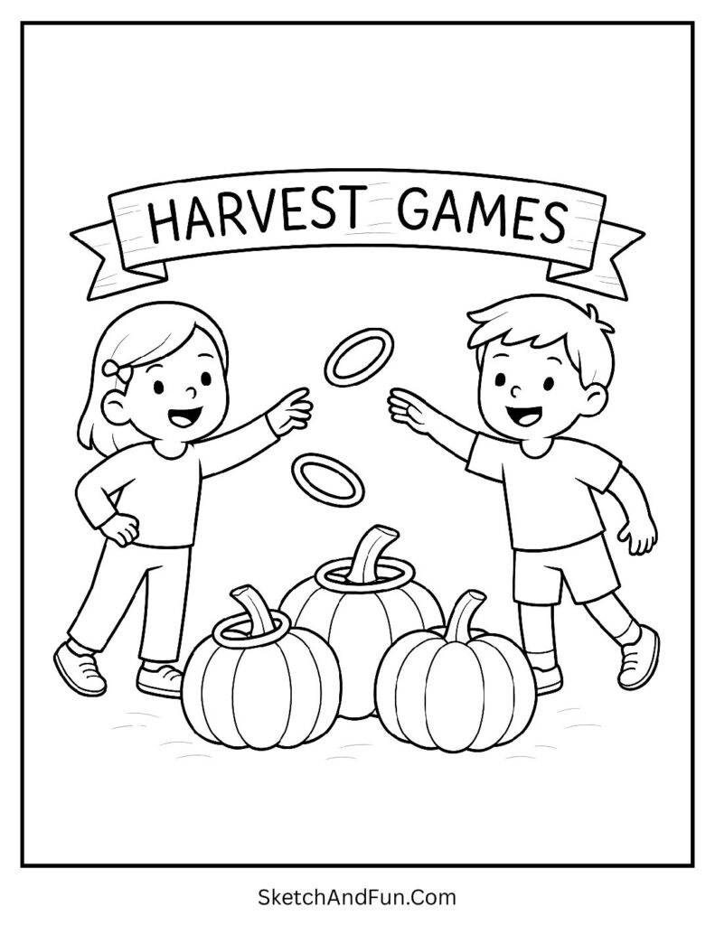 Kids tossing rings on pumpkins for thanksgiving printable coloring worksheets.