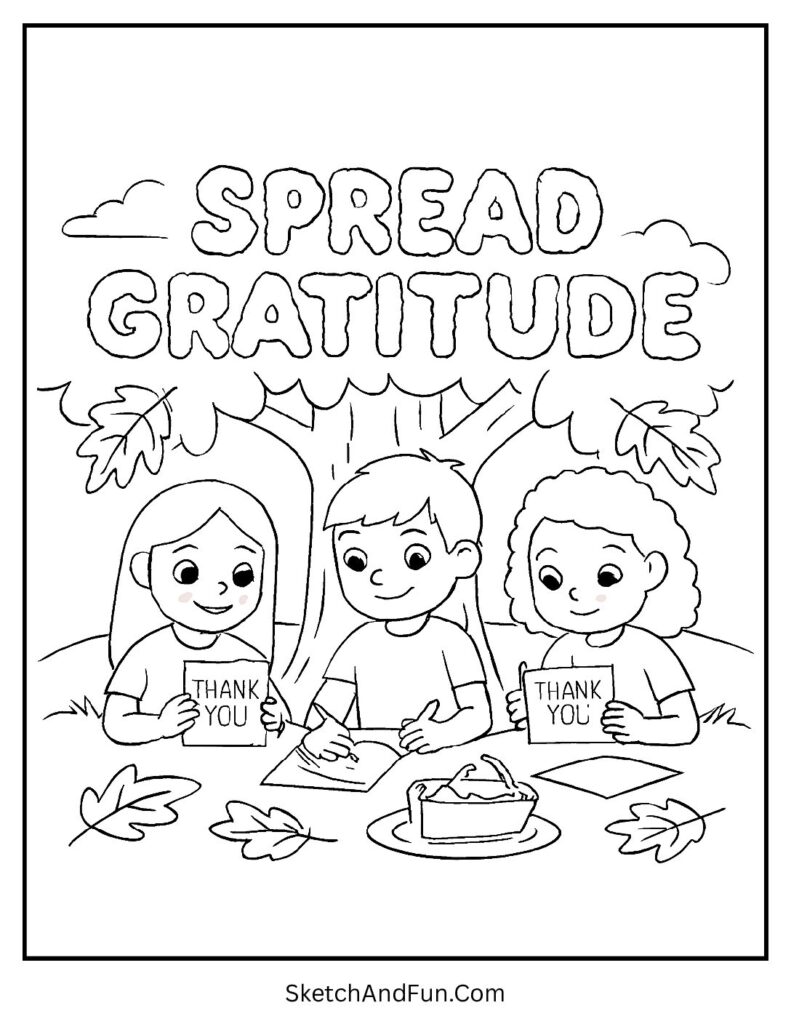 Kids writing thank-you cards on grateful coloring pages Thanksgiving under oak tree.