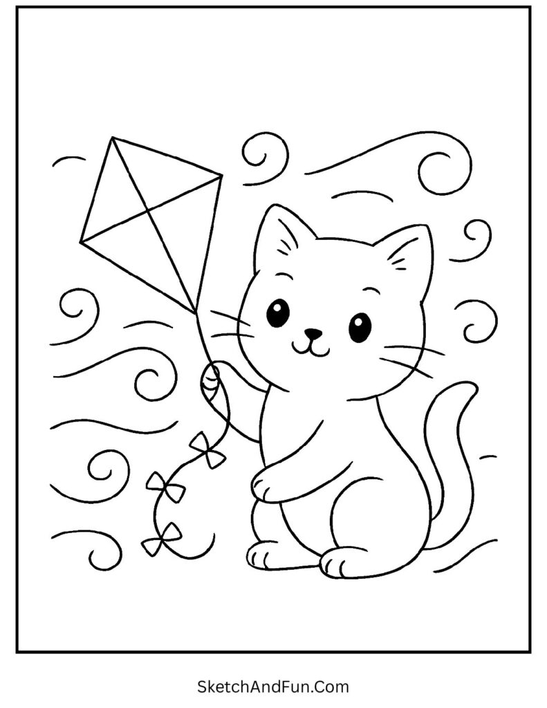 Playful kitten holding kite in the wind for joyful cat doodle coloring pages outdoors