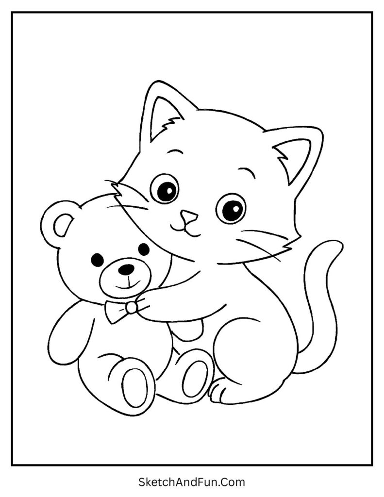Cute kitten hugging teddy bear for heartwarming Halloween cat coloring pages fun.