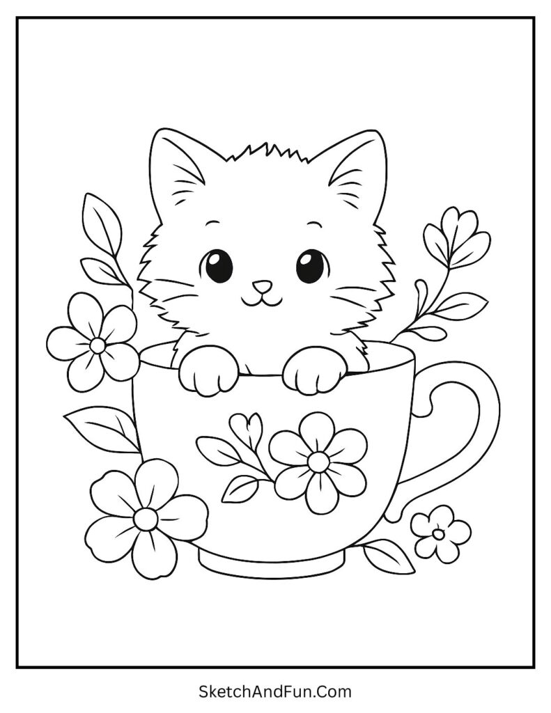 Cute kitten in flowers inside a teacup for sweet cat coloring sheets to brighten any day.