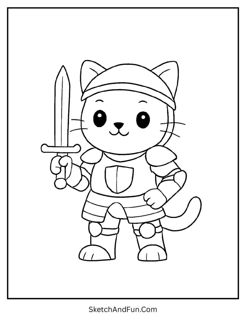 Brave kitten in knight armor with sword for adventurous exotic cat coloring pages