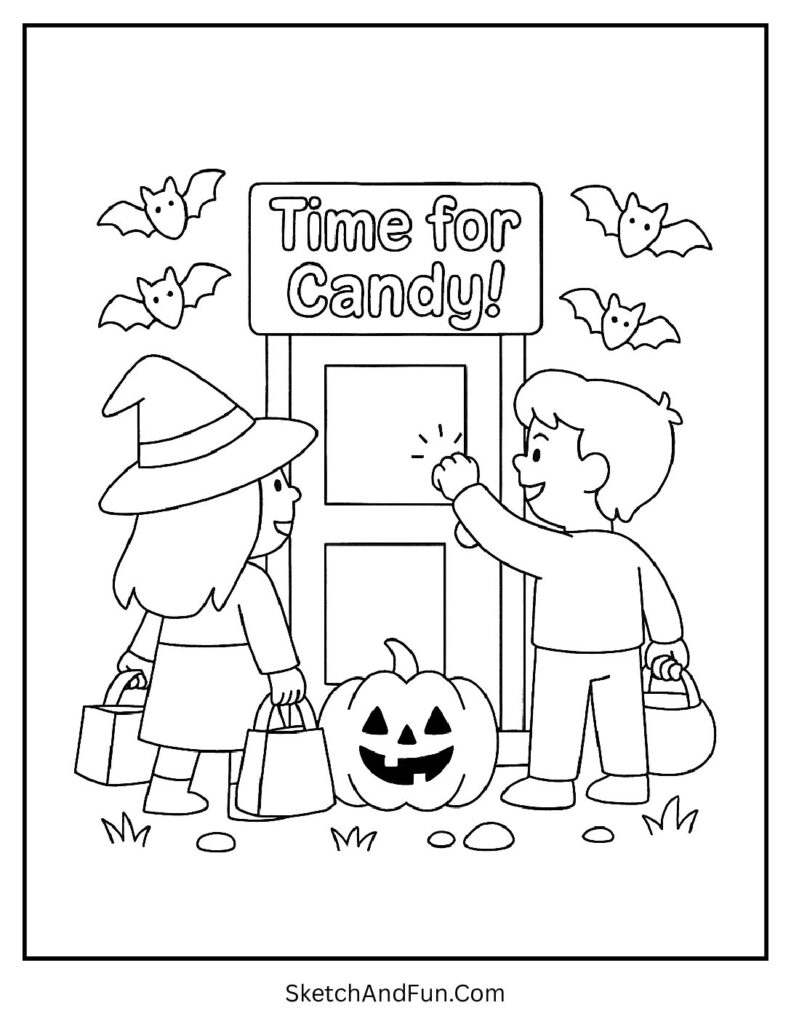 Monsters knocking on a door with bats for trick or treat coloring pages with bats.