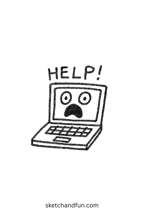 Overheated laptop screaming, a goofy ahh pencil drawing