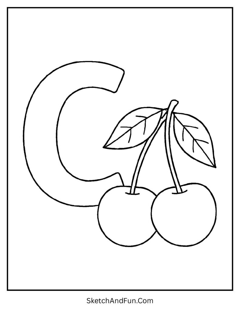 Letter C coloring pages educational with juicy cherries and green leaves beside the bold letter C.