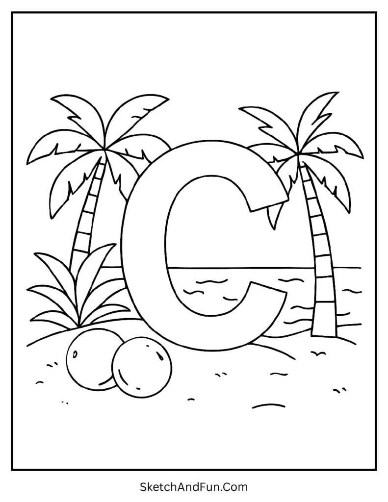 Letter C coloring worksheet free with tropical coconuts, palm tree, and bold C on sandy shore.