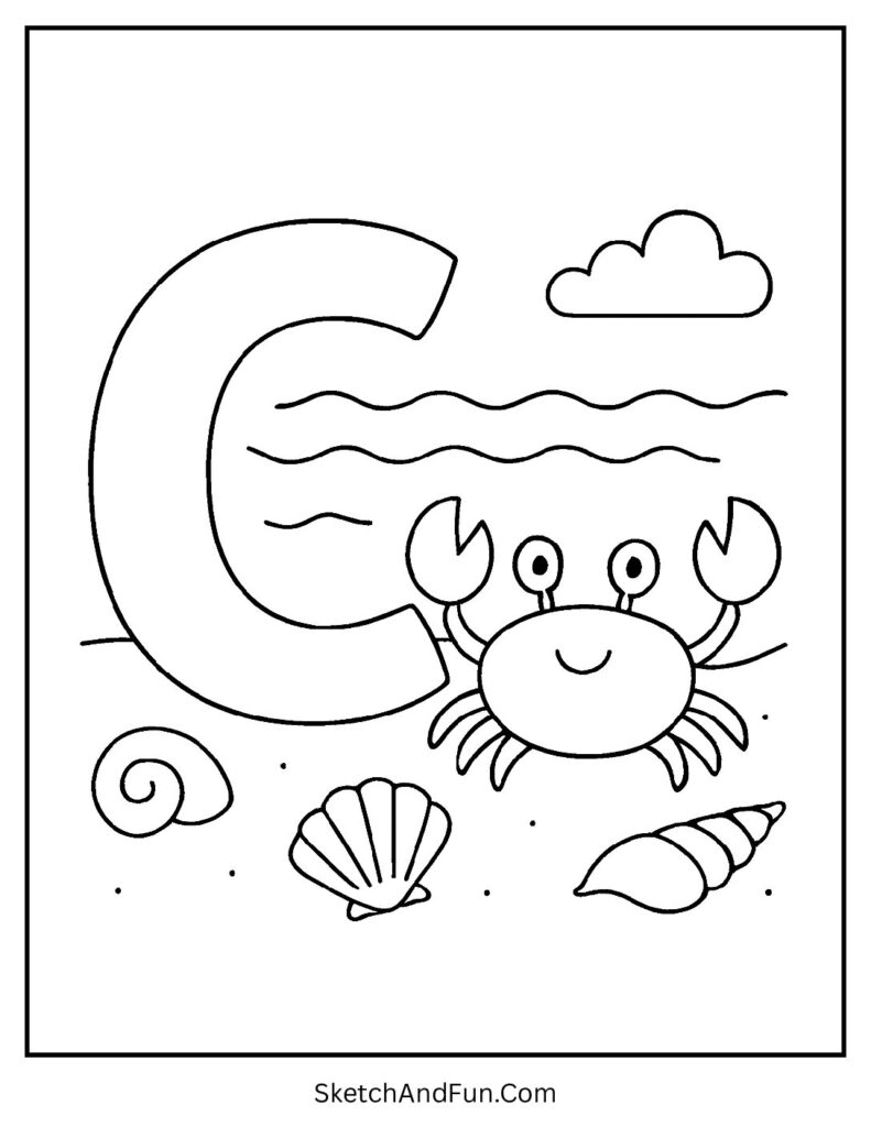 Letter C coloring pages with animals featuring a cheerful crab, seashells, and sand near the bold C.