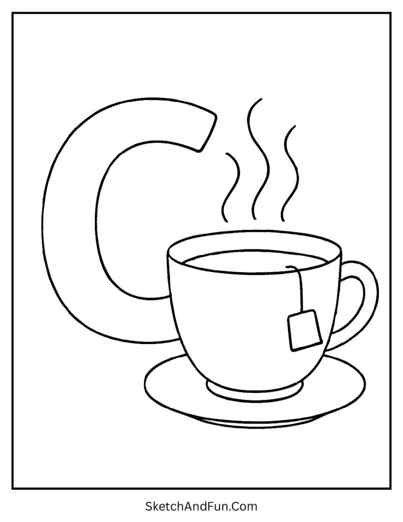 Letter C coloring pages for adults with a cozy cup of tea and steam rising near the bold C.