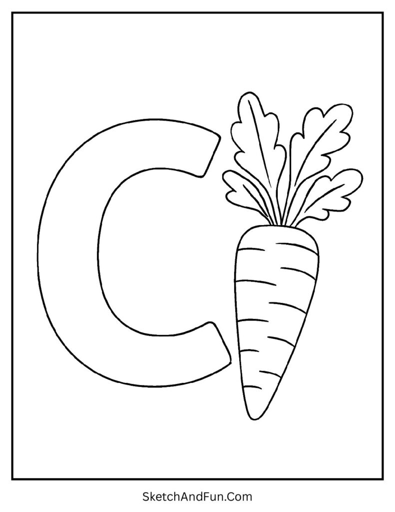 Letter C coloring printable pdf with a fresh carrot and leaves leaning against the bold letter C.