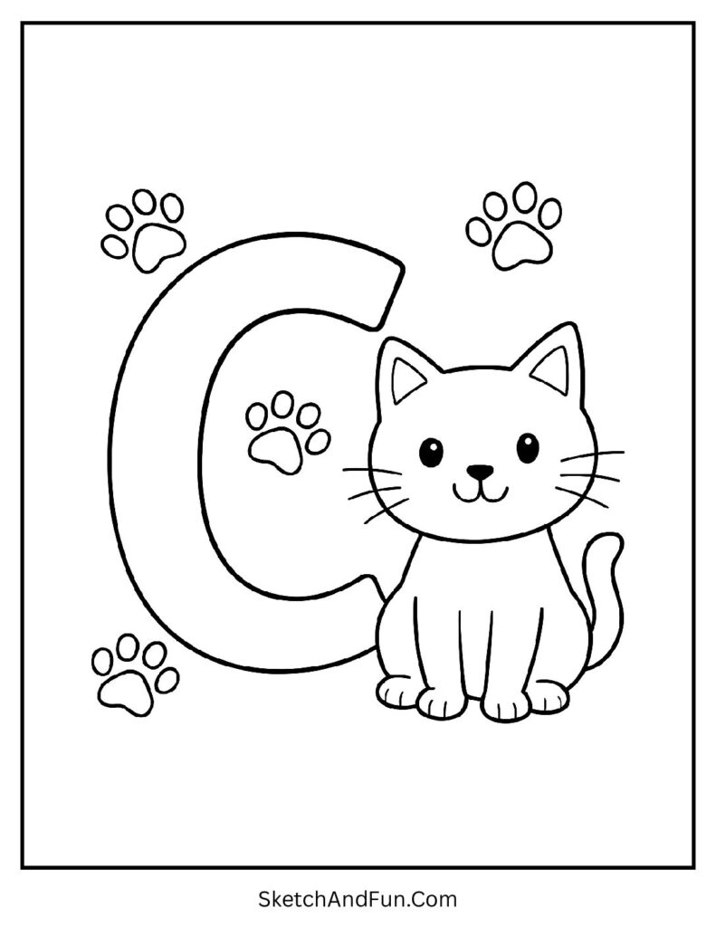 C is for cat coloring page with a big letter C, playful kitten, yarn ball, and paw prints for kids to color.