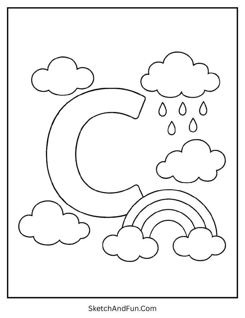 Letter C coloring pages uppercase lowercase showing fluffy clouds, raindrops, and rainbow around C.