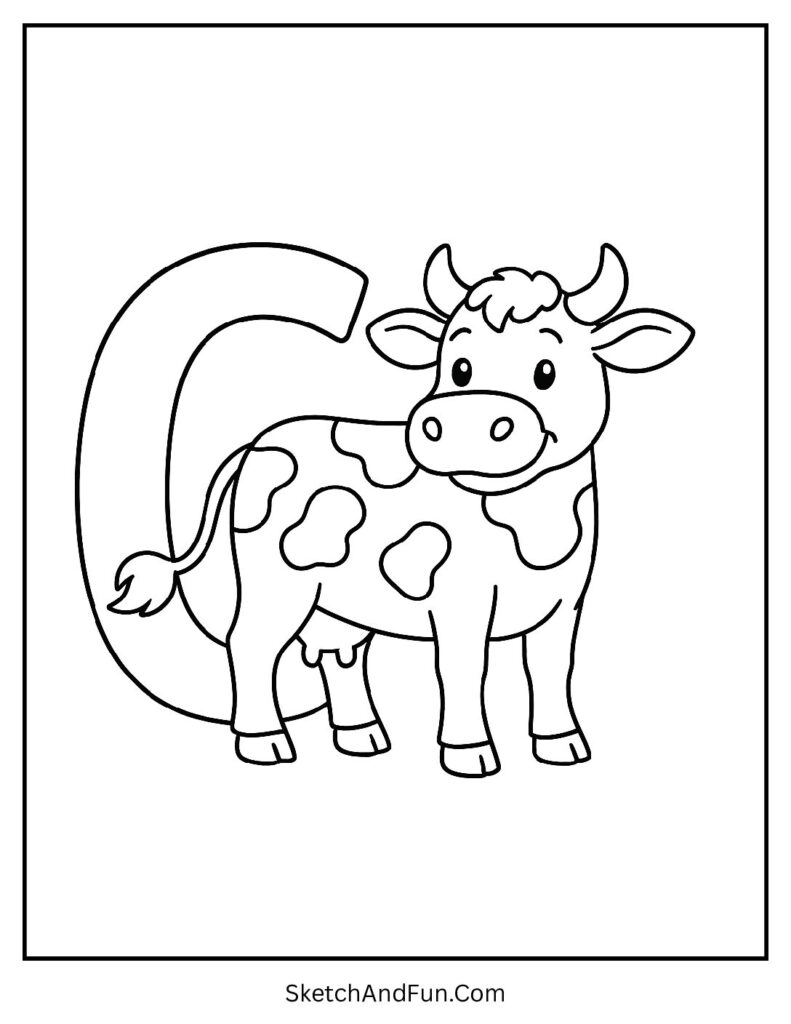 Letter C mandala coloring page with a friendly cow, flowers, and grassy field beside the bold C.