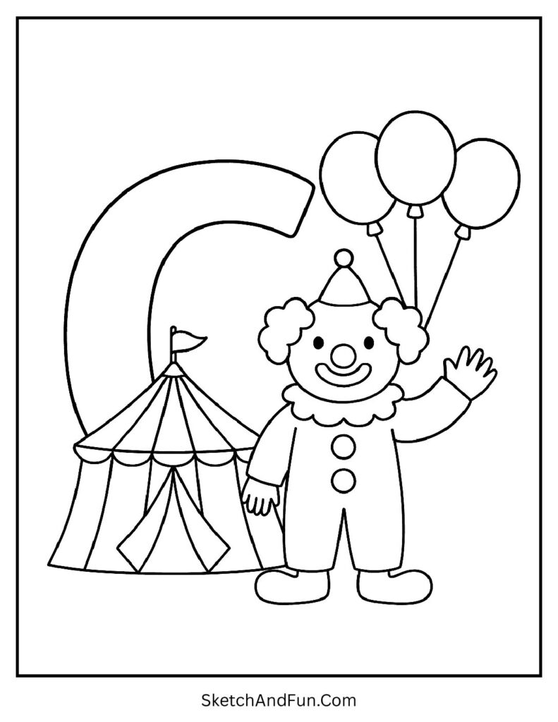 Letter C coloring sheet for preschool with a circus tent, balloons, and juggling pins for simple coloring.