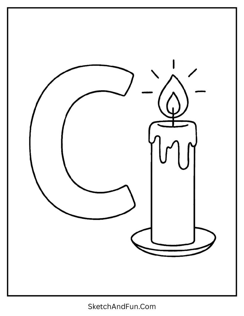 Letter C bubble letter coloring page with a glowing candle and soft flame beside the bold C.