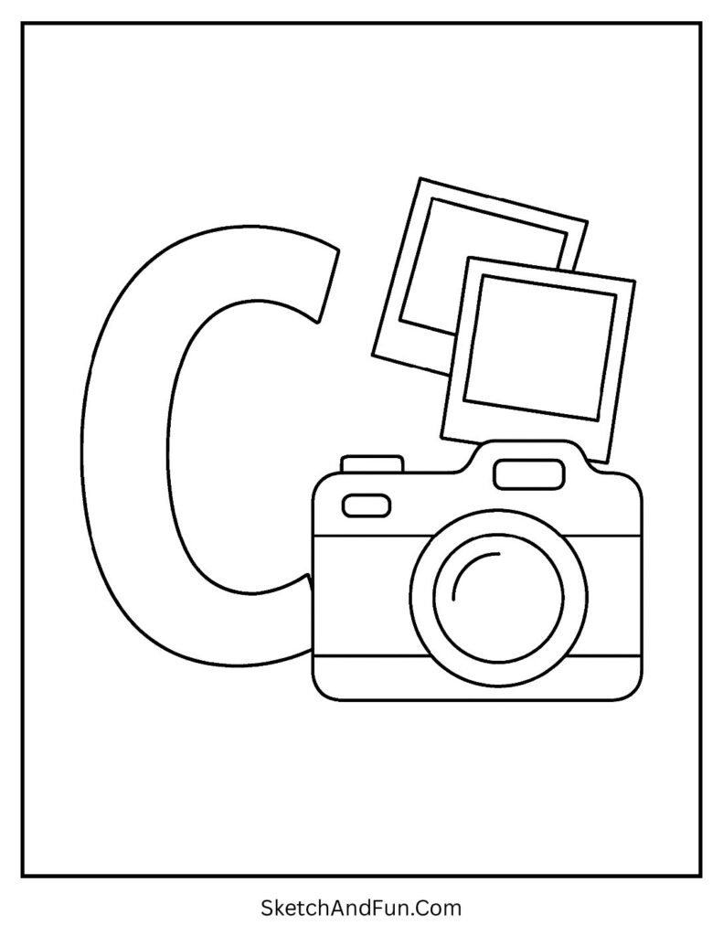 Letter C tracing and coloring worksheet with a camera, photo frames, and bold C for early learners.