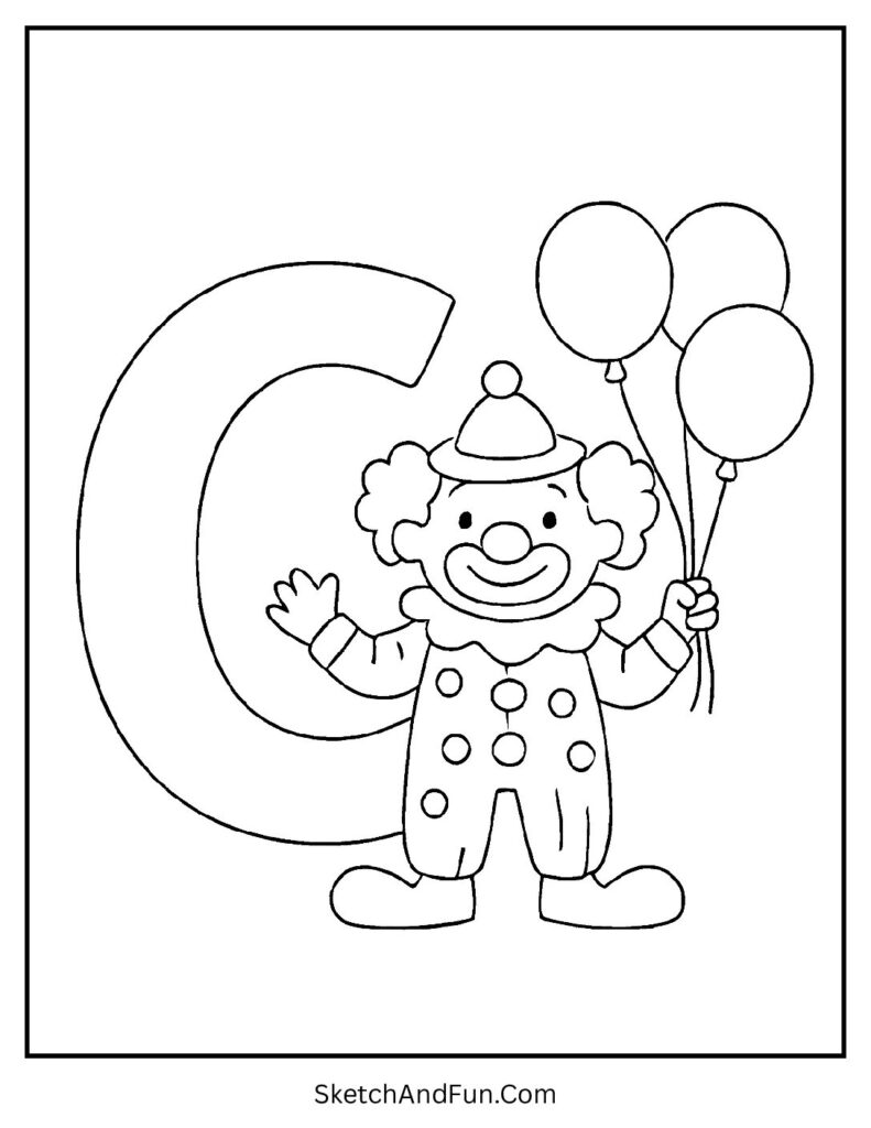 Creative letter C coloring sheet with a happy clown, balloons, and bold letter C for kids' fun.