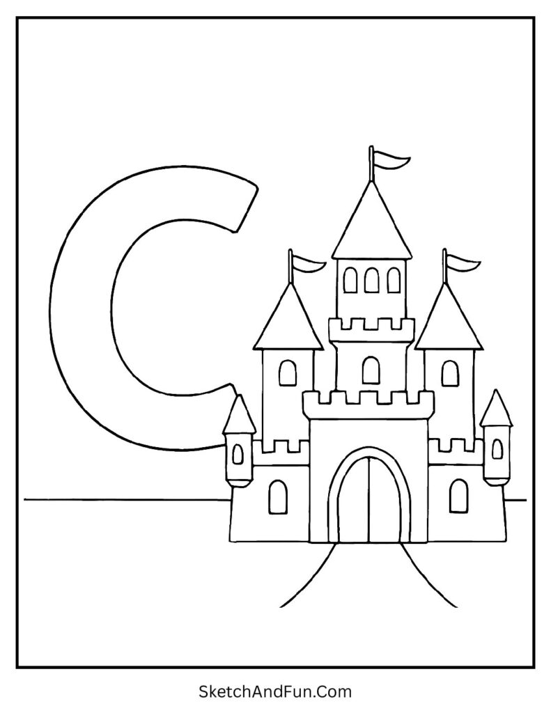 Letter C coloring page for kindergarten showing a castle with flags and towers next to a bold C.